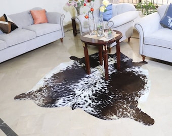 Cowhide Rug Dark Brown and White, Brown Speckled Cow Skin Rug, Tricolor Luxury Area Rug for Home Decor, Brindle Cowhide Rugs for Living Room