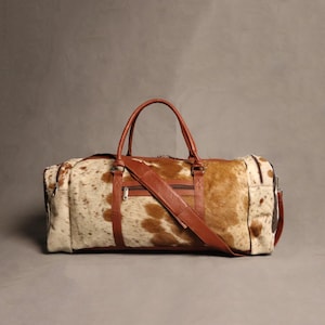 Large Cowhide Duffel Bag - Brown and White Cowhide Weekender Bag - Overnight Shoulder Duffle Bag - Personalized Cowhide Travel Bag