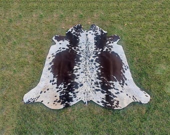 Natural Tricolor Cowhide for Home Decor, Genuine Luxurious Black and Brown Cow Skin for Living Room, Elegant Handmade Animal Skin Area Rug