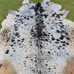 May include: A cowhide rug with a white, black, and brown spotted pattern. The hide is folded in half, showing the natural grain of the leather.