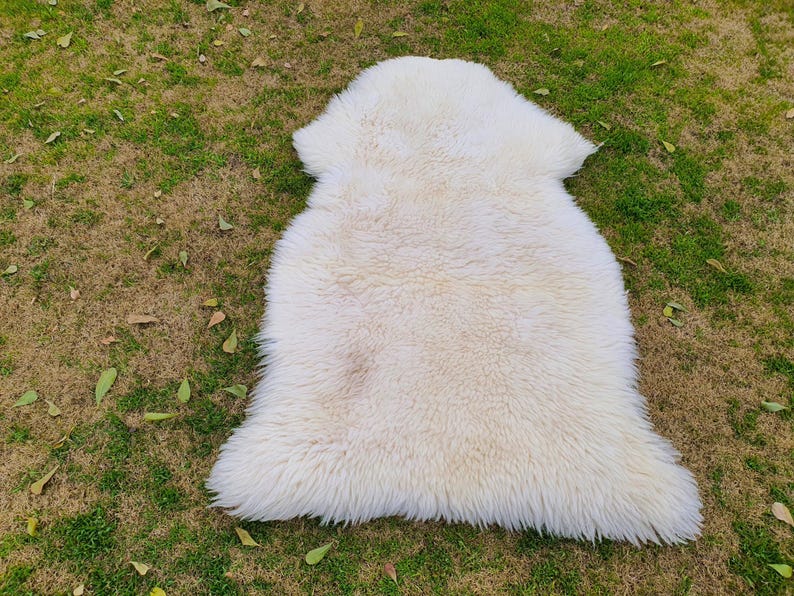 May include: A white fluffy sheepskin rug with a soft, plush texture. The rug is laid out on a grassy surface.
