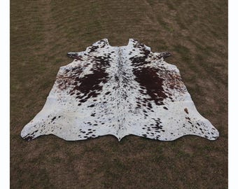 Natural Brown and White Cowhide Rug - Real Tricolor Cowhide Area Rug - Speckled Cow Skin Rug for Home Decor - Genuine Hair On Cowhide Rug