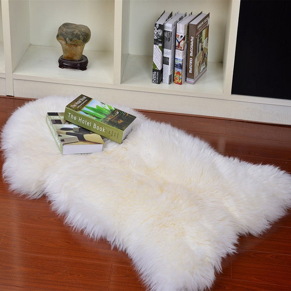 Tapis en peau de mouton blanc véritable de Nouvelle-Zélande - Tapis en peau de mouton doux à poils longs pour chambre à coucher