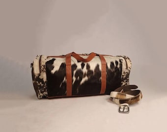 Cowhide Duffel, Hair-On Weekender Overnight Bag, 24'' Western Leather Duffel, Cow Skin Travel Gym Bag, Valentine Gift for Him/ Her