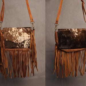 Cowhide Crossbody Shoulder Bag Purse with Fringes-Western Handbag Tooled Leather Dark Brown Messenger Bag-Minimalist Cowhide Satchel Bag
