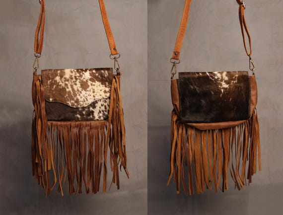 Cowhide Crossbody Shoulder Bag Purse with Fringes-Western Handbag Tooled Leather Dark Brown Messenger Bag-Minimalist Cowhide Satchel Bag