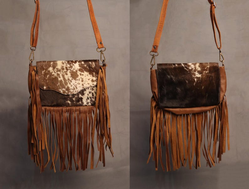 Cowhide Crossbody Shoulder Bag Purse with Fringes-Western Handbag Tooled Leather Dark Brown Messenger Bag-Minimalist Cowhide Satchel Bag
