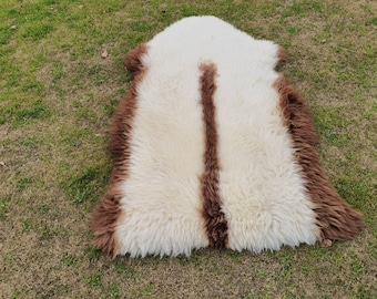 Sheepskin Rug Brown and White, Sheep Skin Area Rug, Icelandic Lamb Skin Rug, Exotic Sheepskin for Home Decor, Living Room Throw Rug