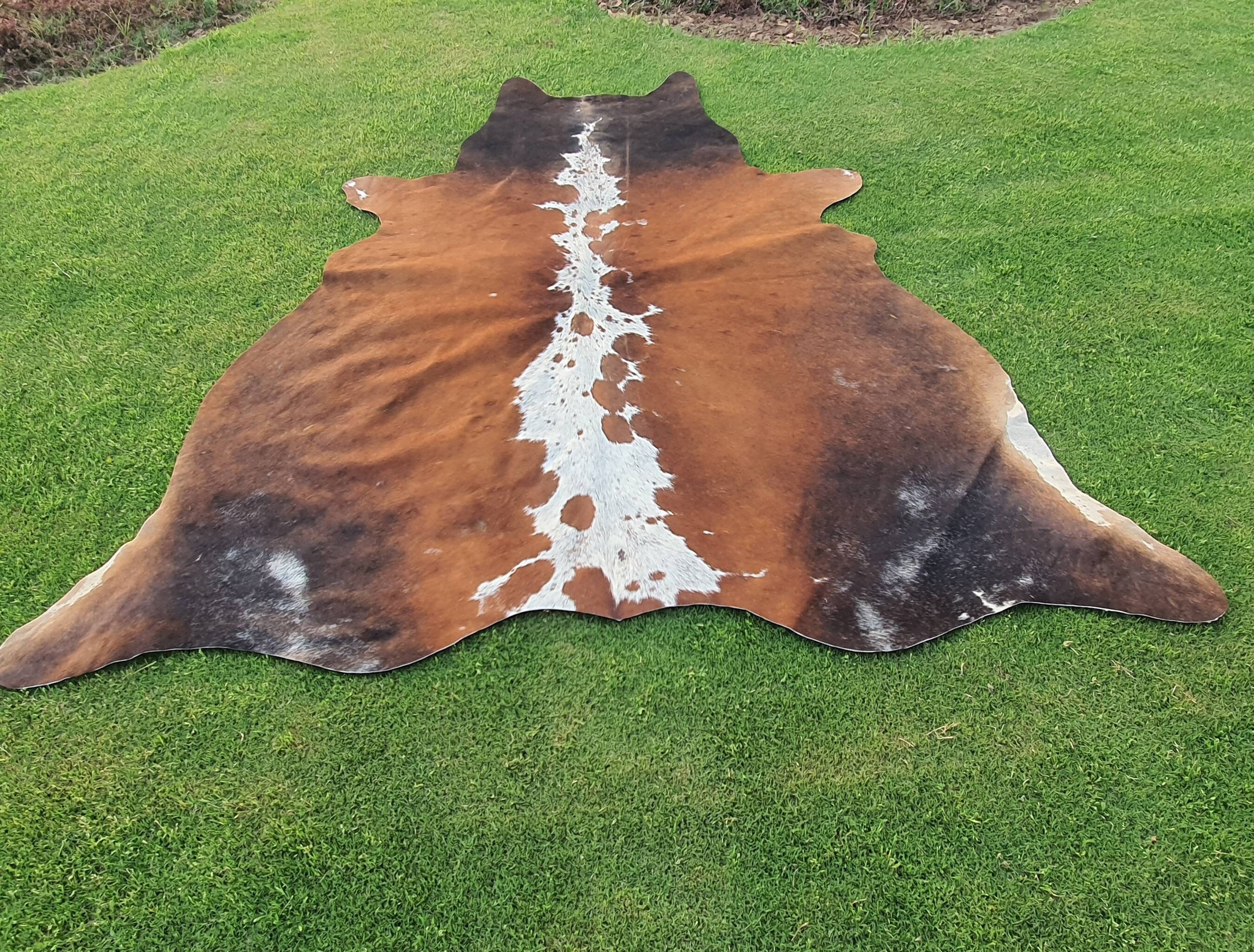 Brown and White Tricolor Cowhide Rug - Custom Cowskin Rug - Bedroom Aesthetic Brindle Cow Hide Carpet Rug - Home Decor Living Room Area Rug