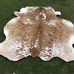 Pode incluir: Um tapete de pele de vaca marrom e branco com um padr&atilde;o natural manchado. O tapete est&aacute; colocado sobre uma superf&iacute;cie de grama verde.