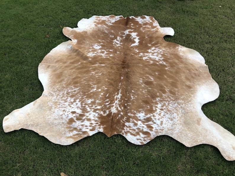 Pode incluir: Um tapete de pele de vaca marrom e branco com um padr&atilde;o natural manchado. O tapete est&aacute; colocado sobre uma superf&iacute;cie de grama verde.