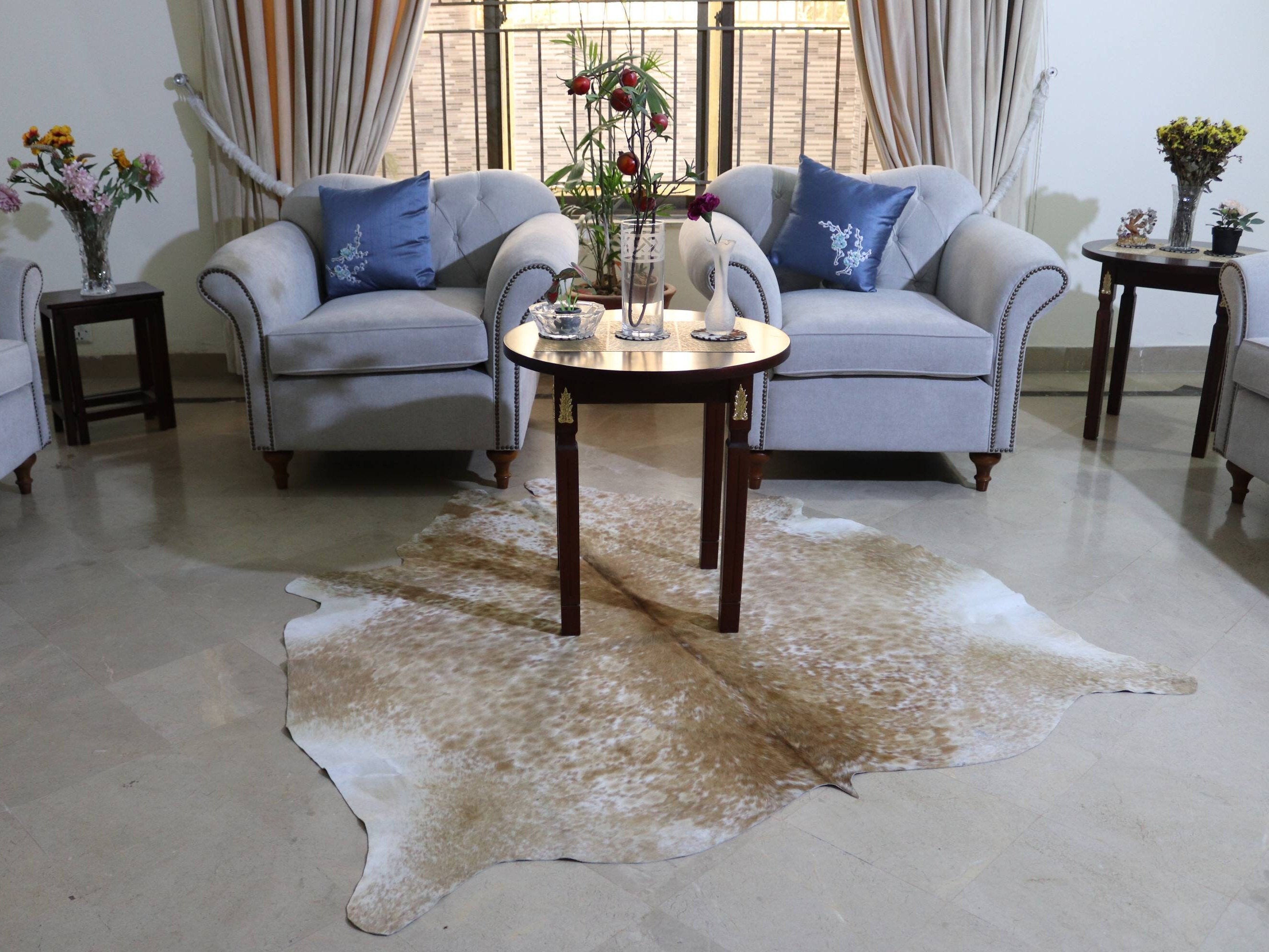 Alfombra de piel de vaca moteada de marrón y blanco, alfombra de piel de vaca exótica de color beige y blanco, alfombra de área de sala de estar de lujo, alfombra de piel de vaca para tapicería