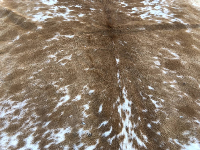 Pode incluir: Tapete de pele de vaca marrom e branco com um padr&atilde;o natural manchado. A pele &eacute; macia e flex&iacute;vel, com um brilho natural.