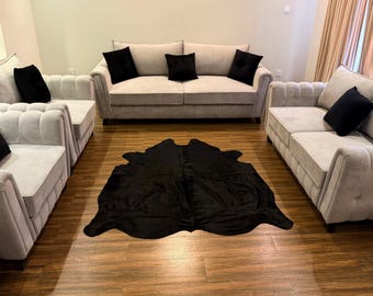 Large Cowhide Rug in Black - Real Hair On Cow Skin Rug - Natural Cowhide Rugs for Home Decor - Western Cowhide Floor Area Rugs