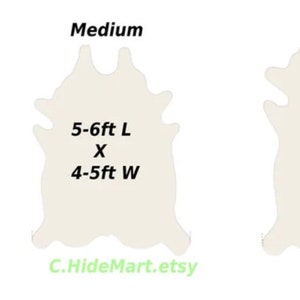 May include: A chart showing the different sizes of cowhide rugs. The chart shows three sizes: small, medium, and large. The small rug is 4-5 feet long by 4-4 feet wide. The medium rug is 5-6 feet long by 4-5 feet wide. The large rug is 6-7 feet long by 5-6 feet wide.