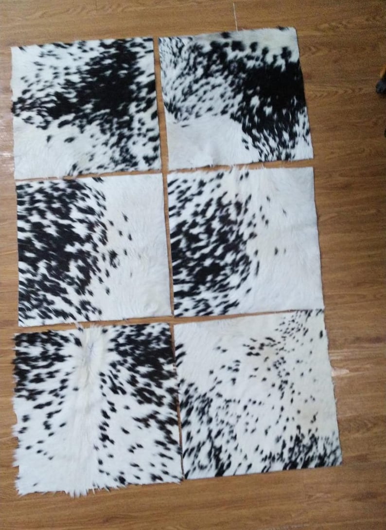 Puede incluir: Seis piezas cuadradas de piel de vaca con un patr&oacute;n de manchas blancas y negras. Las piezas est&aacute;n dispuestas sobre una superficie de madera, mostrando la textura natural y las variaciones de color de la piel. Ideal para manualidades o decoraci&oacute;n del hogar.