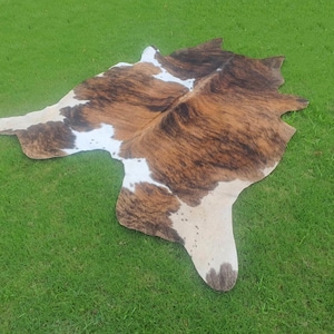 Real Tricolor Brown and White Cowhide Floor Area Rug, Genuine Brindle CowSkin for Western Home Decor, Brazilian Hair on Hide For Living Room