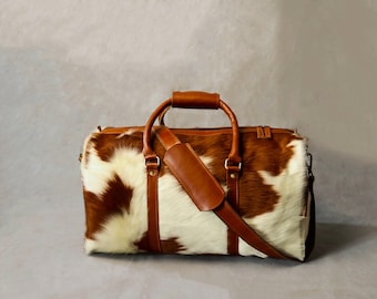Large Duffel Bag Cowhide - Luxury Cowhide Weekender Bag - Hair On Cowhide Travel Bag - Personalized Shoulder Duffle Bag - Gift for Him/ Her