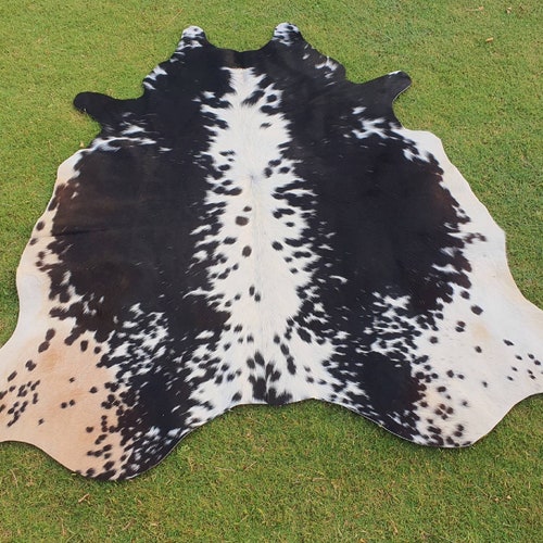 Unique Black Spotted White Cowhide Rug - Large Area Rug for Living rooms - Custom made rug Personalized gift for Mother shops - Daughter