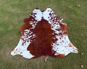 Large Brown And White Cow Rug- Real Hair On Cow Skin Rug - Natural Panda Print Cowhide Rugs - Authentic Animal Skin Rug - Ideal Gift