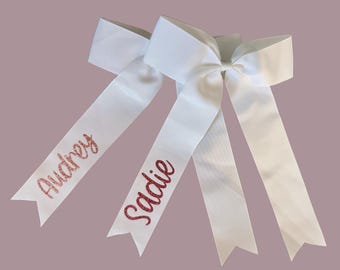 Personalized Long Tail Skinny Cheer Bow | Custom Name/Text Cheerleading Hair Bow