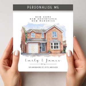 May include: A personalised card with a watercolour illustration of a brick house. The card includes the text "PERSONALISE ME", "NEW HOME, NEW ADVENTURES, NEW MEMORIES", and the names "Emily & James" along with an address.