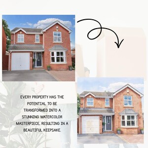May include: A detached red brick house with a white garage door, grey front door, and several windows. The image includes a watercolour rendering of the house and the text: "EVERY PROPERTY HAS THE POTENTIAL TO BE TRANSFORMED INTO A STUNNING WATERCOLOR MASTERPIECE, RESULTING IN A BEAUTIFUL KEEPSAKE."