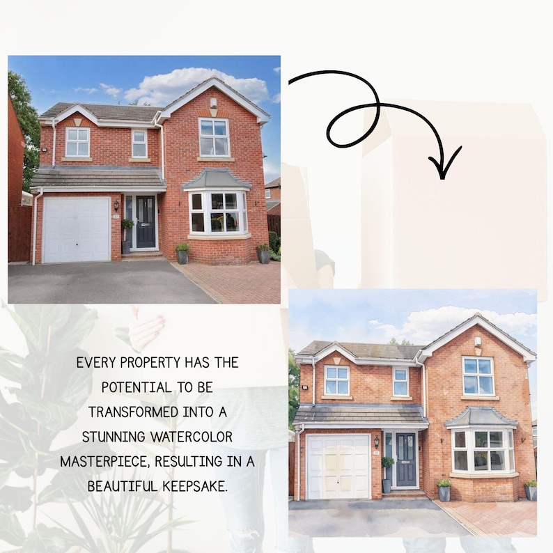 May include: A detached red brick house with a white garage door, grey front door, and several windows. The image includes a watercolour rendering of the house and the text: "EVERY PROPERTY HAS THE POTENTIAL TO BE TRANSFORMED INTO A STUNNING WATERCOLOR MASTERPIECE, RESULTING IN A BEAUTIFUL KEEPSAKE."