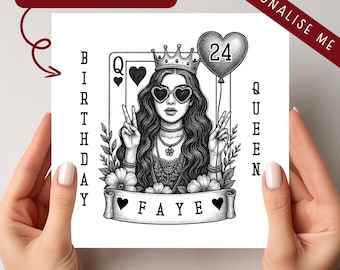 Personalised Birthday Queen Card – Queen of Hearts, Custom Name & Age