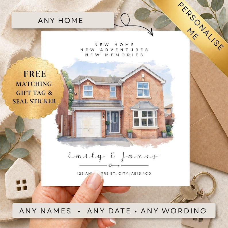 May include: A housewarming card with a watercolour illustration of a two-storey brick house. The card is personalised with the names "Emily & James", address, and the phrases "New Home, New Adventures, New Memories". Includes a free matching gift tag and seal sticker.