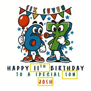 Pu&ograve; includere: Grafica di compleanno colorata con i numeri sei e sette come personaggi dei cartoni animati. Il testo recita: "Buon 11&deg; compleanno a un figlio speciale Josh". Un palloncino rosso e stelle completano il design.