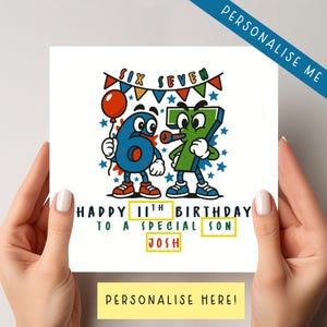Pu&ograve; includere: Un biglietto di compleanno bianco con i numeri dei cartoni animati 6 e 7. Il numero 6 &egrave; blu e tiene in mano un palloncino rosso. Il numero 7 &egrave; verde. Il testo recita "Happy 11th Birthday to a Special Son Josh".