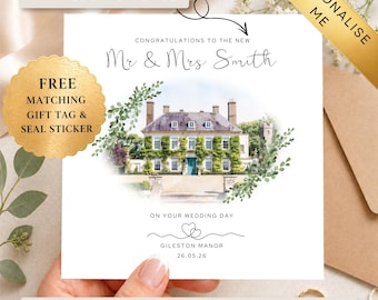 Personalised Wedding Venue Watercolour Card, Mr & Mrs | Custom Couple Gift