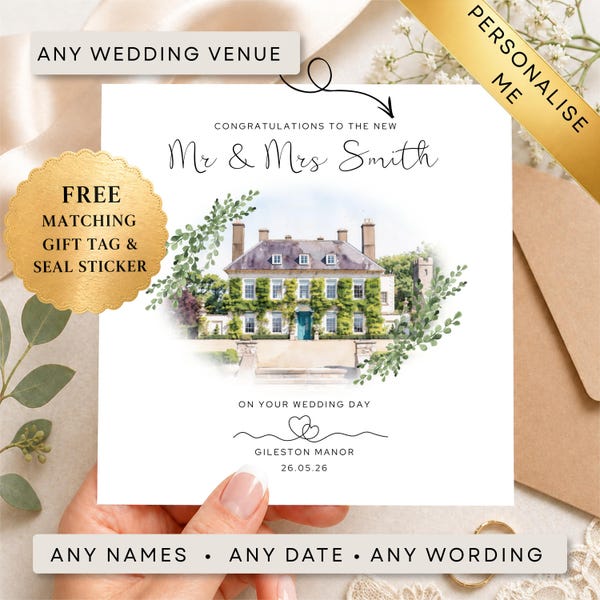 Personalised Wedding Venue Watercolour Card, Mr & Mrs | Custom Couple Gift