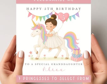 Personalised Princess Unicorn Birthday Card, Girls Any Age