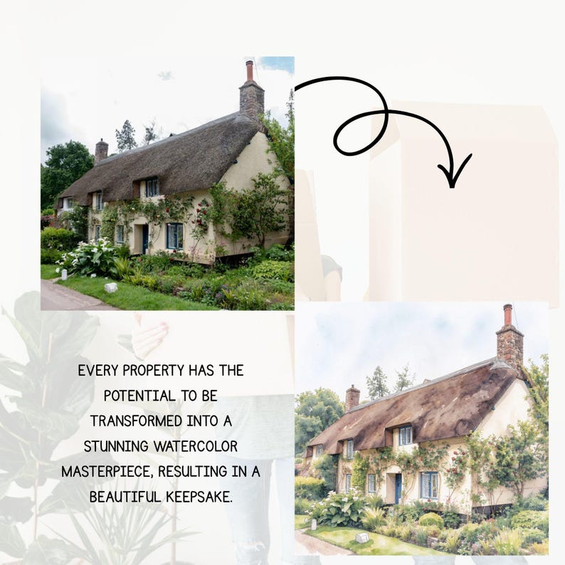 May include: Two images of a cottage with a thatched roof and climbing plants. One is a photograph, the other a watercolor painting. Text reads: "EVERY PROPERTY HAS THE POTENTIAL TO BE TRANSFORMED INTO A STUNNING WATERCOLOR MASTERPIECE, RESULTING IN A BEAUTIFUL KEEPSAKE."
