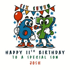 Pu&ograve; includere: Grafica a tema compleanno con i numeri sei e sette come personaggi dei cartoni animati. Il testo recita "Happy 11th Birthday to a Special Son Josh". Un palloncino rosso e stelle completano il design.