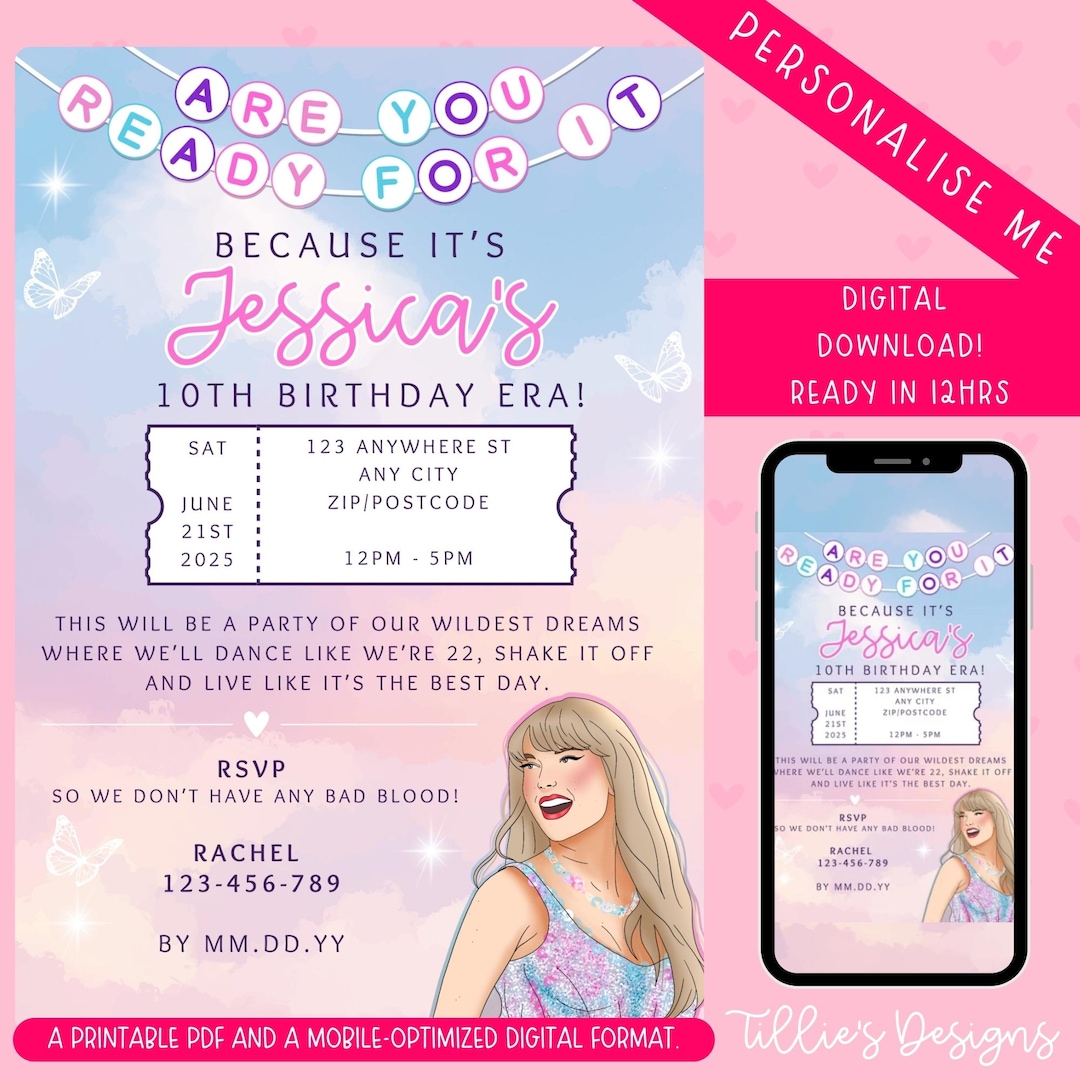 Taylor Swift Birthday Invitation, in My Birthday Era, Era Party, Taylor Birthday Decor, TS Birthday Party Invite, Digital Printable, Lovers - Etsy Japan