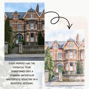 May include: A comparison image of a brick building and its watercolor painting. The text states: "EVERY PROPERTY HAS THE POTENTIAL TO BE TRANSFORMED INTO A STUNNING WATERCOLOR MASTERPIECE, RESULTING IN A BEAUTIFUL KEEPSAKE."