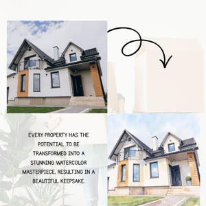 May include: A split image featuring a modern house and a watercolour painting of the same property. The house is white with black trim and a dark roof. The text reads: Every property has the potential to be transformed into a stunning watercolour masterpiece.