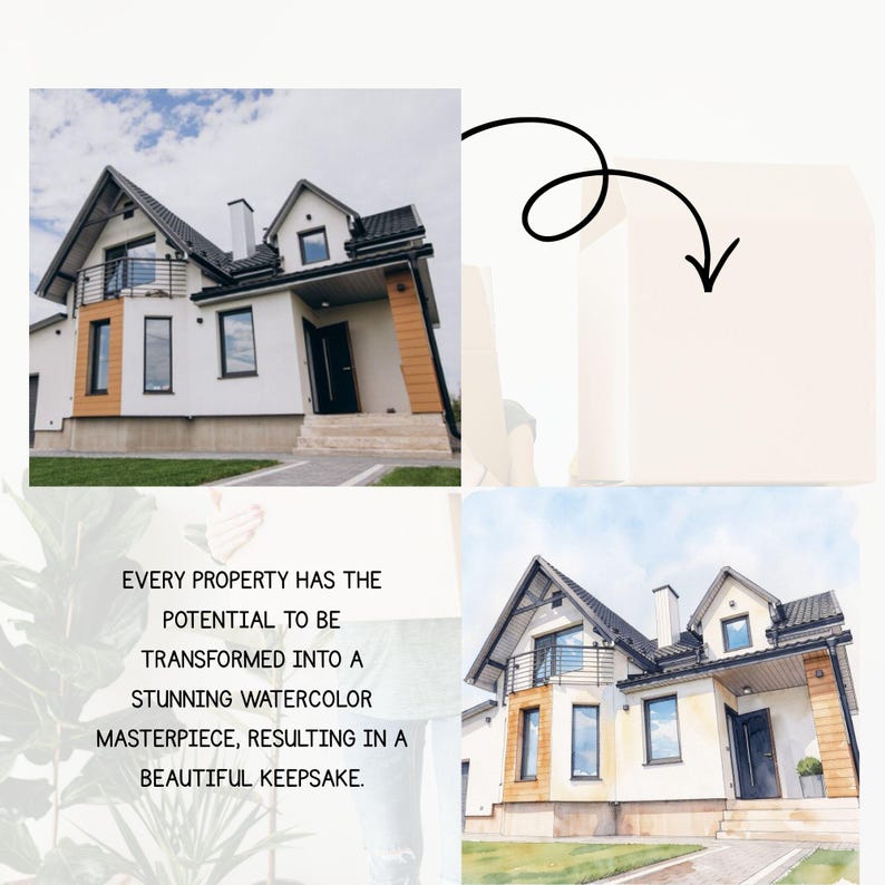 May include: A split image featuring a modern house and a watercolour painting of the same property. The house is white with black trim and a dark roof. The text reads: Every property has the potential to be transformed into a stunning watercolour masterpiece.