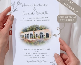 Personalised Custom Watercolor Wedding Invitation: Venue Illustration (Digital Download A5 Size)