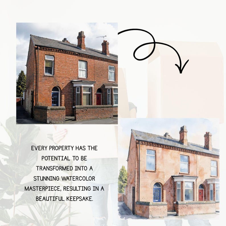 May include: A split image featuring a brick building and a watercolour painting of the same building. The text states: EVERY PROPERTY HAS THE POTENTIAL TO BE TRANSFORMED INTO A STUNNING WATERCOLOR MASTERPIECE, RESULTING IN A BEAUTIFUL KEEPSAKE.