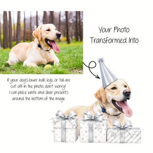 K&ouml;nnte beinhalten: Ein individueller Illustrationsservice, der ein Foto eines gelben Labrador Retrievers zeigt, das in eine Zeichnung desselben Hundes mit silbernem Partyhut umgewandelt wurde, umgeben von wei&szlig;en und silbernen Geschenkkartons mit Schleifen und Text.