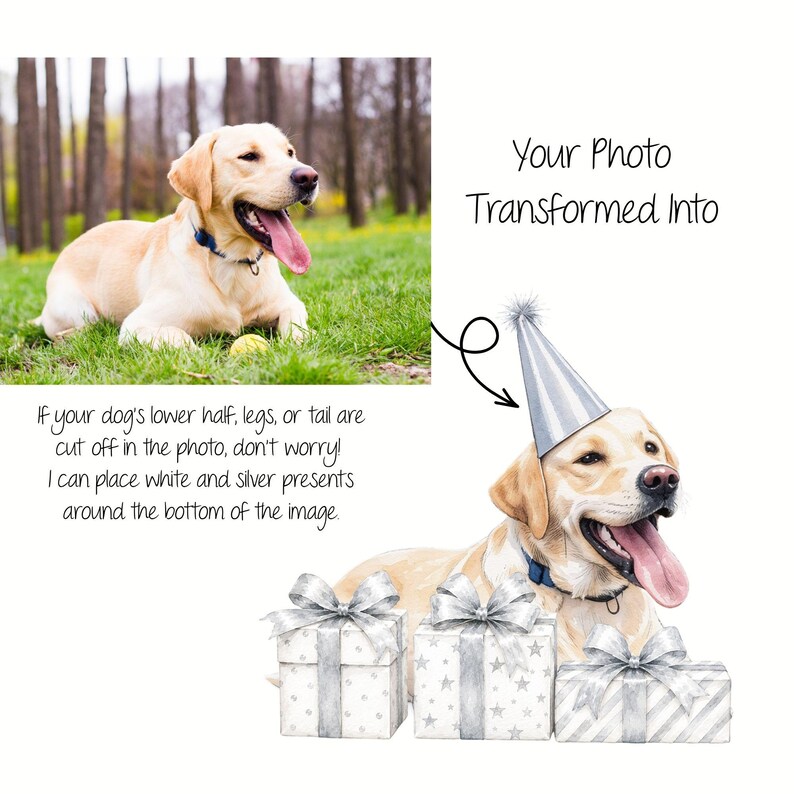 K&ouml;nnte beinhalten: Ein individueller Illustrationsservice, der ein Foto eines gelben Labrador Retrievers zeigt, das in eine Zeichnung desselben Hundes mit silbernem Partyhut umgewandelt wurde, umgeben von wei&szlig;en und silbernen Geschenkkartons mit Schleifen und Text.