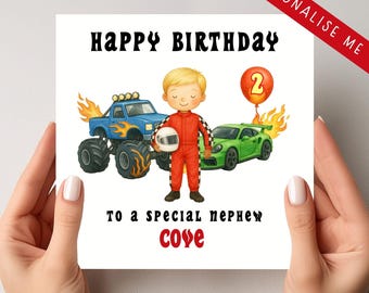 Personalised Race Car Birthday Card – Custom Name, Age, Racer Theme, Hot wheels