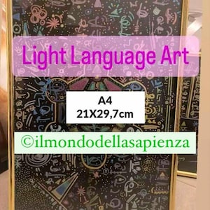 May include: A framed black and white art print with colorful accents. The print features abstract symbols and the text "Light Language Art". The frame is gold and the print is labeled "A4 21X29,7cm" and "@ilmondodellasapienza".