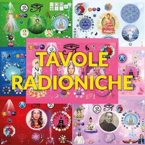 May include: A collection of spiritual art prints featuring deities, symbols, and geometric patterns. The prints have the text "TAVOLE RADIONICHE" in yellow. The backgrounds are in various colours, including green, pink, red, and blue, creating a vibrant display.
