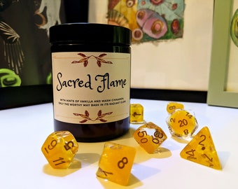 Sacred Flame - Vanilla and Cinnamon, spicy, warm, vanilla scented soy candle in amber jar, TTRPG Dungeons & Dragons, DnD accessories