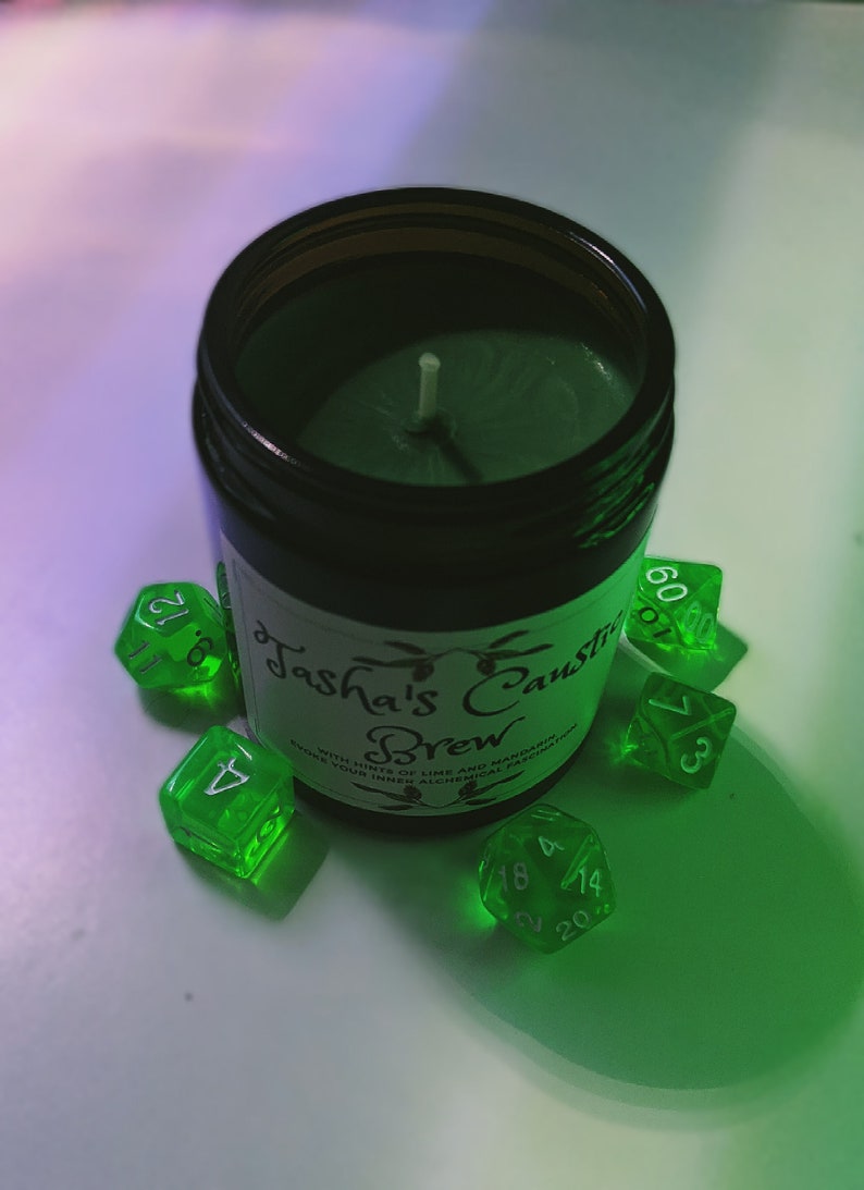 Tasha's Caustic Brew Lime, Basil and Mandarin scented soy candle in amber jar, RPG Dungeons and Dragons scented candle image 3